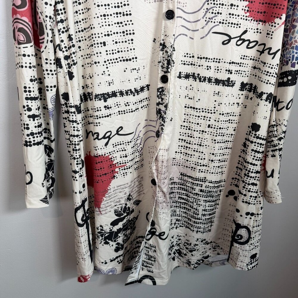 Lily Artsy Abstract Print Shirt Dress Cream Red Black Collared Tunic Small — image 5 of 8